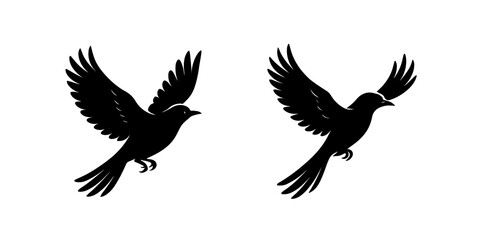 Two black silhouette birds in flight against a white background