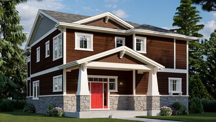 Beautiful Two Story Brown House with Red Door and Stone Foundation on Sunny Day with Lush Green Lawn