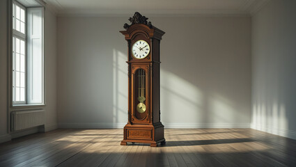 A grandfather clock in an empty room casts a long shadow, a sense of time passing.