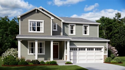 Beautiful Two Story Home with Attached Garage and Landscaped Yard in Suburban Neighborhood Under a Blue Sky