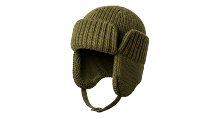 Green knitted ushanka hat with ear flaps isolated on transparent background