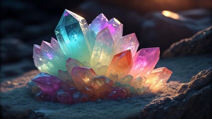 Radiant Cluster of Colorful Crystals: A Stunning Gemstone Formation with Vibrant Hues and Striking Textures for Creative Projects.