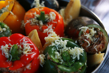 Green peppers stuffed with rice tomato and herbs for vegan                                                              