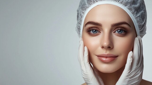 A woman with blue eyes and a white surgical cap, wearing white gloves, is posing for a photo against a white background.