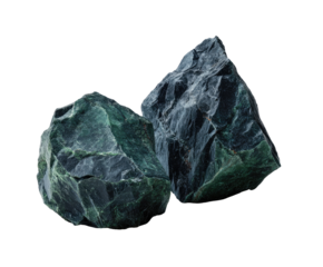 Two rough, dark green stones.  Close-up view of two irregular, textured rocks.  Deep teal and dark gray hues.  Natural, unpolished appearance