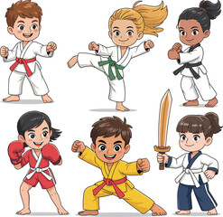PrintKids martial arts, karate poses, boxing, taekwondo, judo, cartoon children, training action, cute fighters, white uniforms, fighting stances, illustration © Creatives World
