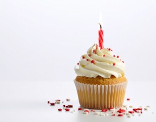 Single Birthday Cupcake with Lit Candle and Sprinkles on White Background