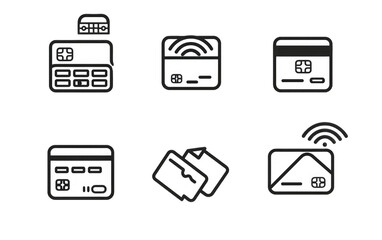 Simple, black and white icons depicting various payment methods. Icons show credit cards, contactless payment, a payment terminal, and card combination