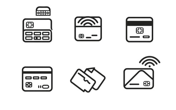 Simple, black and white icons depicting various payment methods.  Icons show credit cards, contactless payment, a payment terminal, and card combination