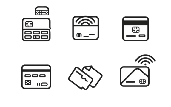 Simple, black and white icons depicting various payment methods.  Icons show credit cards, contactless payment, a payment terminal, and card combination