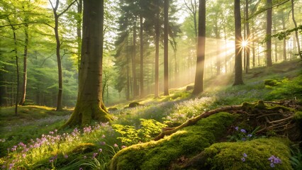 Obraz premium Sunlight filtering through the serene green forest illuminates mossy rocks and wildflowers in a peaceful woodland scene.