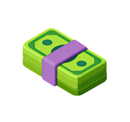 Stack of green money tied with a purple band.  Flat, isometric style