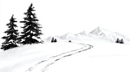Serene winter landscape featuring snow covered mountains and evergreen trees, with tire tracks winding through snow, evoking sense of tranquility