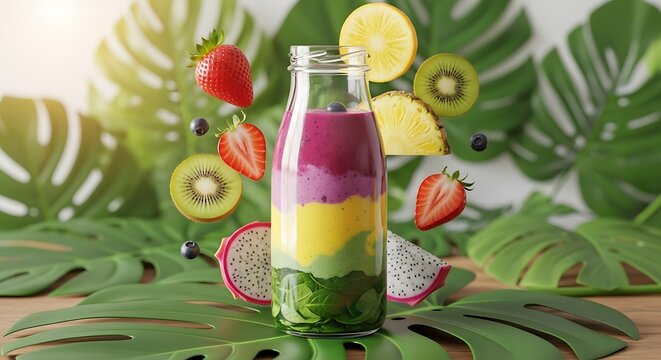 Vibrant layered smoothie bursts with fresh fruits, offering a healthy tropical escape and vibrant lifestyle.
