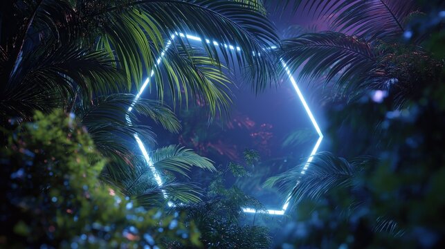 Neon hexagon shape glowing in a tropical jungle at night in 80s synthwave style