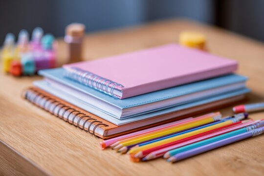 Stack of notebooks and colored pencils on a wooden surface, with school art supplies in the background.