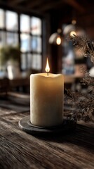 Photorealistic Candle on Wooden Table &ndash; Hyper-Detailed Octane 3D Render, Natural Soft Light, Cinematic Atmosphere