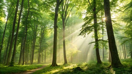 Fototapeta premium Sunlight Streaming Through Dense Forest Canopy, Illuminating the Woodland Path and Verdant Foliage, Creating a Serene Scene.