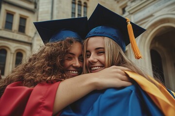 graduate hugging friends with caps and gowns outside university building