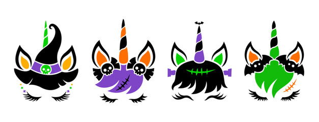 Halloween unicorn face. Vector set. Cute animal with witch hat, hair bow and bats. For cutting and sublimation, invitation, flyer, print for kids. Isolated on white background.