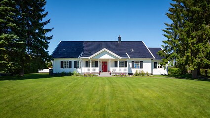 Charming White Farmhouse with Manicured Lawn and Lush Green Trees under a Clear Blue Sky Summer Day