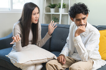 Breakup and depressed, asian young quarrel couple love fight relationship in trouble. Different people are emotion angry. Argue wife has expression upset with husband. Problem of family people.