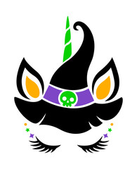 Halloween unicorn face vector. Cute animal with witch hat. For cutting and sublimation, invitation, flyer, print for kids. Isolated on white background.