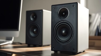 Obraz premium Speakers on Desk Setup for Audio Listening and Home Entertainment