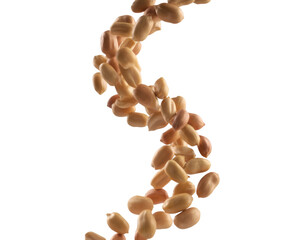 Falling peanuts captured in motion isolated on a bright white background for food design
