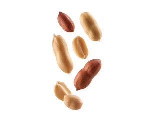 Falling peanuts captured in motion isolated on a bright white background for food design
