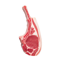 Single Fresh Lamb Chop Clean Bone, Red Meat, Thin Fat Layer on White Background