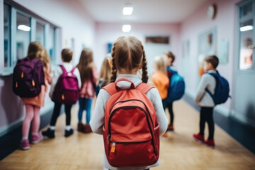 Rear view of a schoolgirl with a backpack walking down a lively school hallway filled with other students in the morning light