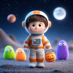 Naklejka premium Cute Cartoon Space Explorer with Pumpkins on Alien Landscape