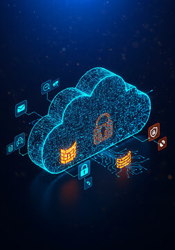 Cloud Computing: A dynamic representation of cloud computing, with an illuminated lock, symbolizing data security within the vast digital cloud. conveying modern innovation, secure data.