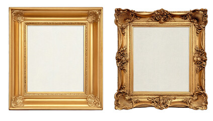 Two gold ornate picture frames.  Empty frames with ornate gold trim