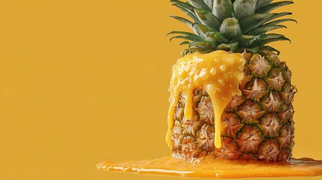 Halved pineapple reveals dioxin contamination with neon-orange drops on white background