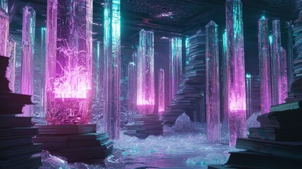A vibrant, glowing library of crystals and books.