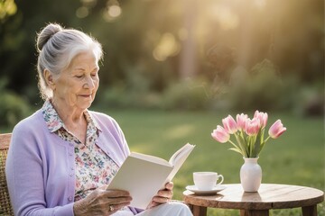 Senior woman reading in sunlit garden with tea and flowers