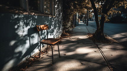 Moody Cinematic Street Scene &ndash; Vintage Wooden Chair Against Faded Blue Wall &ndash; Dappled Sunlight & Autumn Leaves &ndash; 35mm Film Look with Nostalgic Urban Solitude Atmosphere