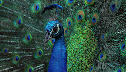 A stunningly colorful peacock with its magnificent blue and green tail feathers on full display