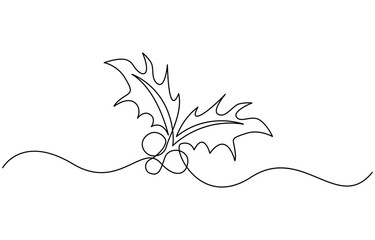 Holly berry leaves Continuous line hand-drawn. Christmas Hollyberry Vector illustration,  vector one line minimal illustration of a bunch of holly berries and leaves. 