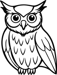 A cute cartoon owl character with big eyes perches on a branch, a vector illustration on a white background