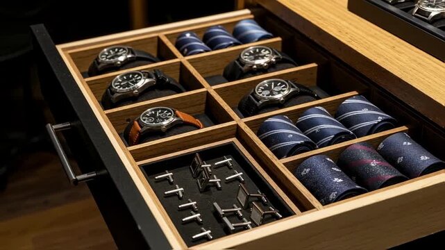 An open wooden box organizer displaying a collection of luxury men's accessories, including watches, ties, and cufflinks, representing a gentleman's style and sophisticated lifestyle