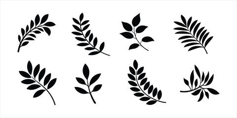 leaves branch hand drawn illustration on white background. silhouette vector set.