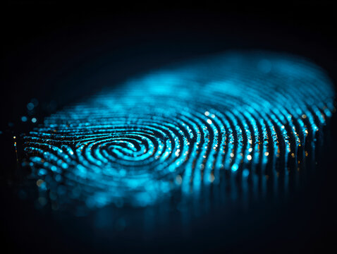 Illuminated blue fingerprint highlighting biometric security