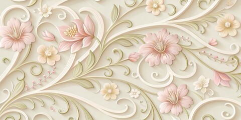 Elegant Floral Swirls 3D Pink Blossom Design on Cream Backdrop, Floral, Ornament