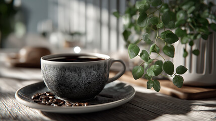 White Mug of Morning Coffee with Plant Background &ndash; High-Quality Product Photo, Semi-Realistic Render, Cozy Beverage Portrait