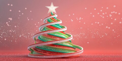 Elegant Spiral Christmas Tree with Star on Red Background, festive, holiday