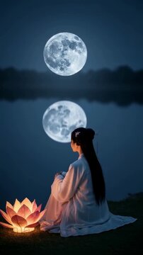Asian woman in traditional dress sitting by the water with a lotus lantern under the full moon, a beautiful scene representing the Mid-Autumn Festival and spiritual traditions