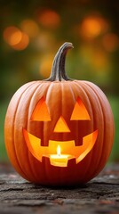 Fototapeta premium Charming Halloween Pumpkin with Candle Light and Smiling Face